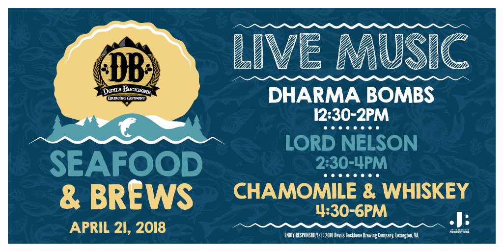 dbbrewingco's tweet photo. Excited to welcome 3 awesome #VA based bands back to Devils Backbone 🎵 @chamomileandwhiskey @lordnelsonband and @dharmabombs will be playing April 21 at Seafood &amp; Brews. Fresh seafood, cold beers, live music - it's everything you want in a #spring #festival! #DBbeer #livemusic https://t.co/wVuL4Q9Psd