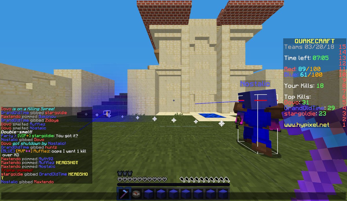 RufflezHypixel's tweet photo. Faves from my 100K solo/250K team kills quake party ๐ After planning for weeks to get those 2 numbers at the same time, I accidentally got an extra kill in teams (rip OCD) ๐ Thanks for joining me! โค๏ธ Part 1/2 @HypixelNetwork #QuakeFTW #ILoveQuake #recklesslyamazing https://t.co/gMBRlsp6Mq