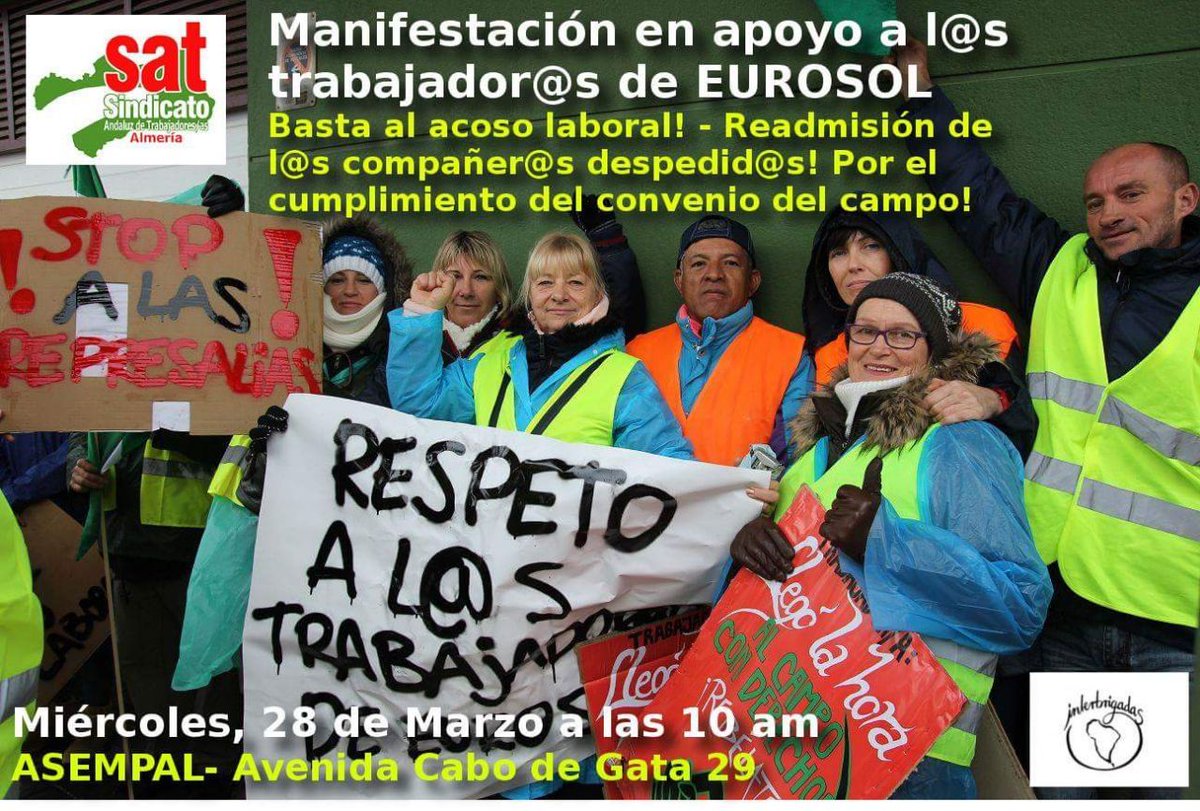 Alejandroarriat's tweet photo. La plantilla de EUROSOL en Almería necesitan de nuestro apoyo,basta de acoso laboral,es indignante que en Andalucía en 2018 sigamos pidiendo que se cumplan el convenio del campo, y que se despidan a trabajdorxs por exigir sus derechos, !readmisión YA¡ #EurosolEnLucha https://t.co/PxYLZS4RWU