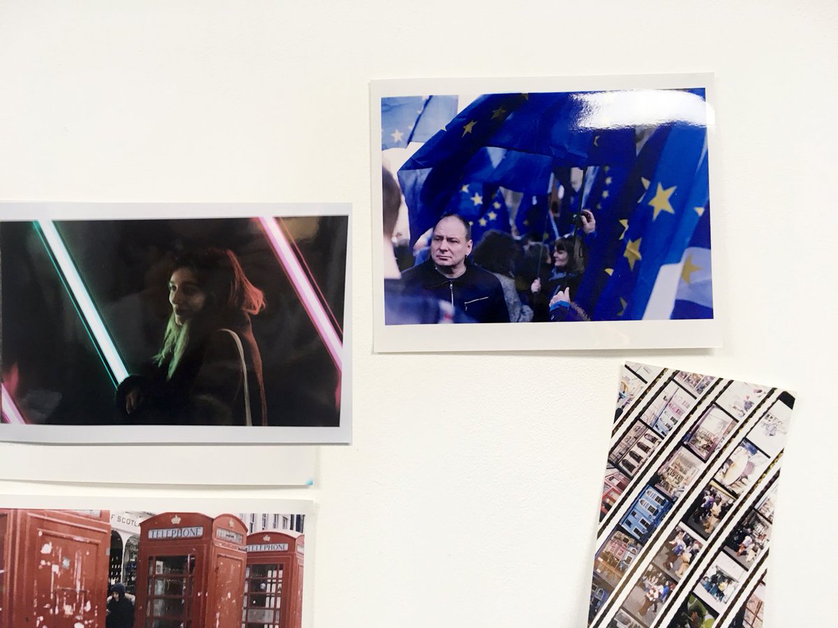 Colour photographic prints. Two portraits: one of female lit by green and magenta fluorescent lights (left) one of male at pro EU march surrounded by EU flags (right).