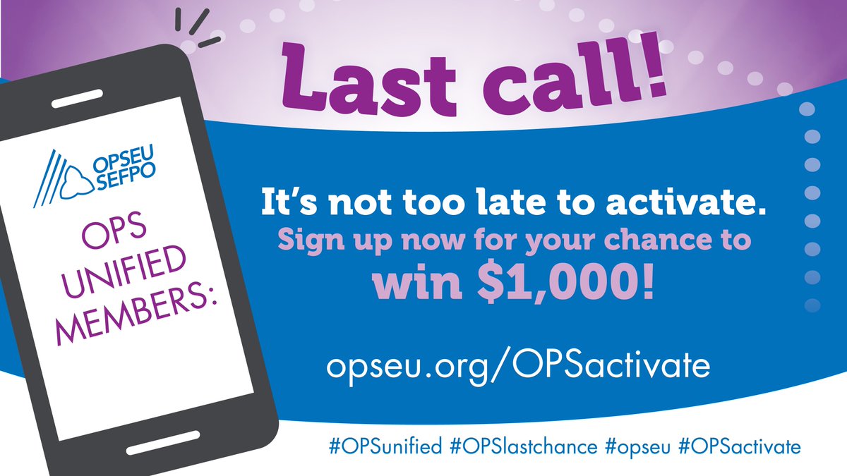OPSEU's tweet image. OPS Unified members: This is last call. It’s not too late to activate! Sign up now for your chance to win $1000 at opseu.org/OPSactivate! 
Don’t miss last call! #OPSunified #OPSlastcall #opseu #OPSactivate