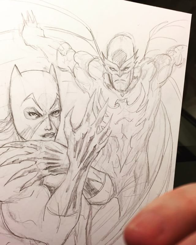 BatlanticStudio's tweet photo. I’m taking commissions! Message me! You can pick it up at a convention, or I’ll mail it to you! Here’s a commission of Hellcat and Nighhawk I drew! #hellcat #nighhawk #fantasticfour #ff #thing #bengrimm #msmarvel #marvel #makecomics #batlanticstudios https://t.co/197qYpz9df … https://t.co/09uc3h3tuA