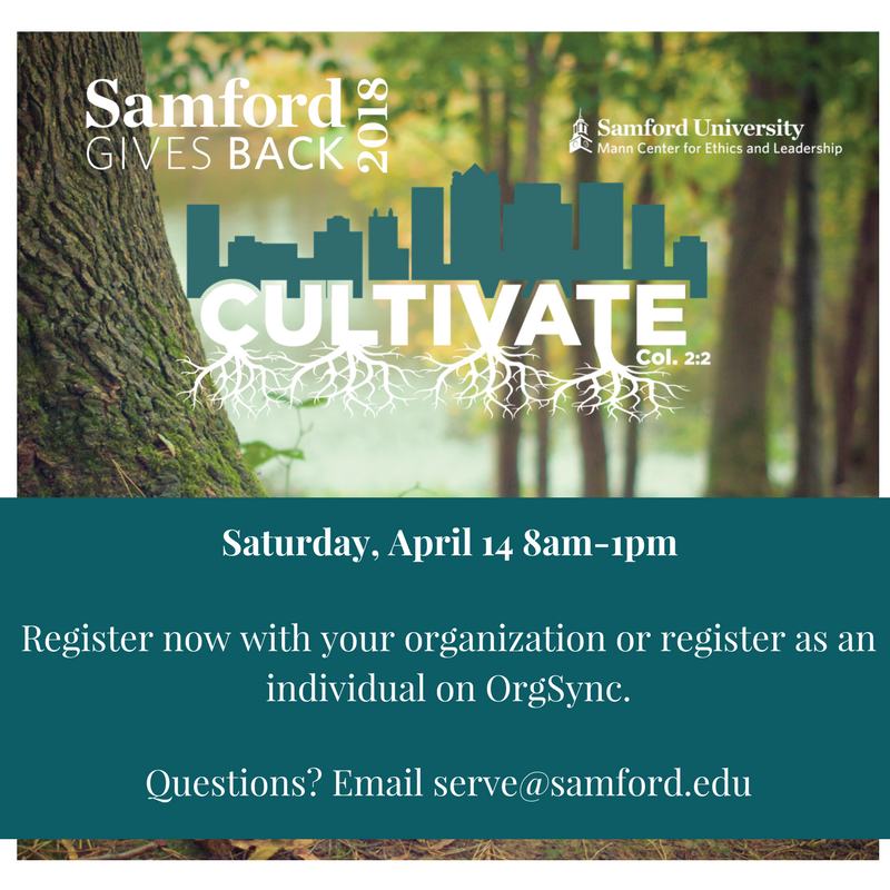 MannCenterSU's tweet photo. Samford Gives Back is coming up soon! Register TODAY to serve with your organization or as an individual! https://t.co/zjajDeAUoA
