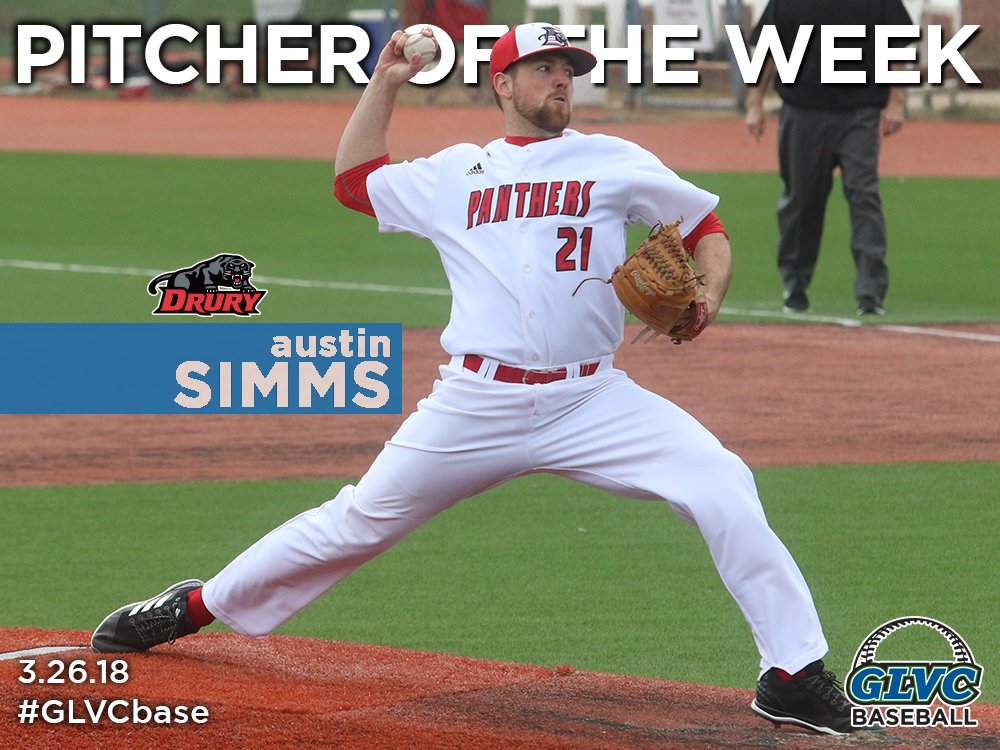 GLVCsports's tweet photo. Congratulations to @DruryBaseball senior RHP Austin Simms for collecting the first #GLVCbase ⚾️ weekly pitching honor of his career! https://t.co/ZkuXJNFiEz