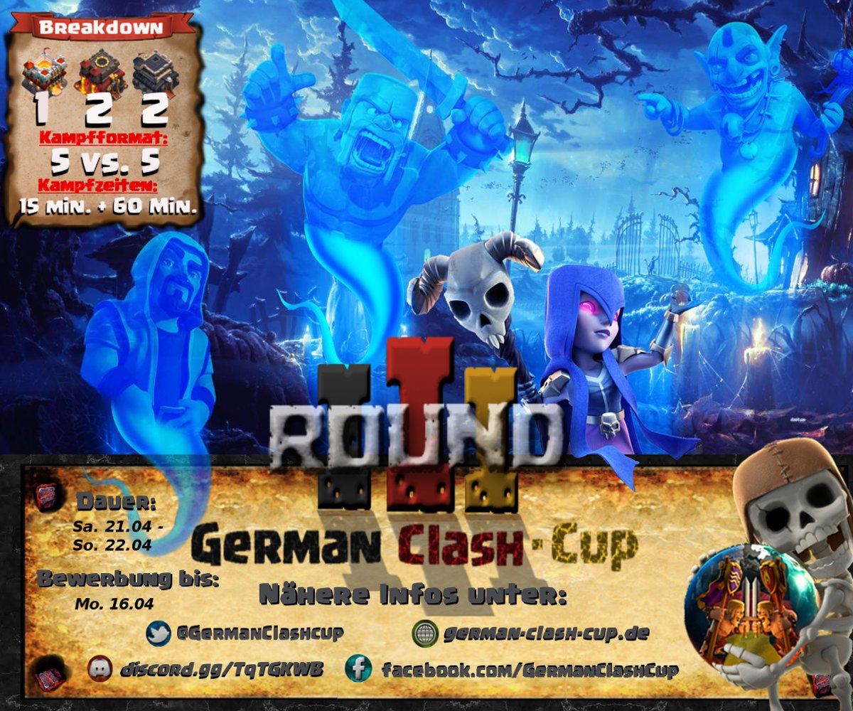 Es ist soweit!🎉

Am 21. und 22. April 2018 findet Runde 3 des German Clash-Cups statt.
Das Turnier geht diesmal 2 Tage lang!

Teams und Spieler haben bis einschließlich Montag, 16. April 2018 Zeit sich auf Discord anzumelden.
Weitere Infos auf Discord: 
discord.gg/TqTGKWB
