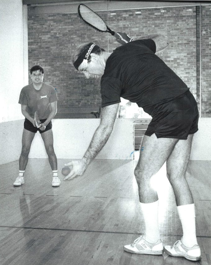 DMRegisterVault's tweet image. From 1987: Then-Delaware Sen. @JoeBiden (serving) found time for a racquetball game at the #DesMoines #YMCA while he was campaigning in #Iowa. With the home court advantage, Mike Nixon (pictured) won.