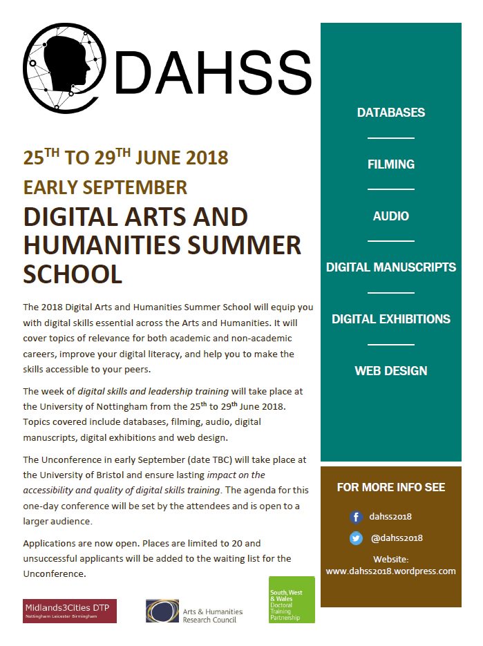 dahss2018's tweet photo. Want to learn digital skills and boost your employability profile? We are offering a FREE week of training in #databases #filming #audio #digitalManuscripts #digitalExhibitions and #Webdesign to all @Midlands3Cities and @SWWDTP PhDs. Applications now open: https://t.co/r2u9lbg7ie https://t.co/cHkXfD1OC3