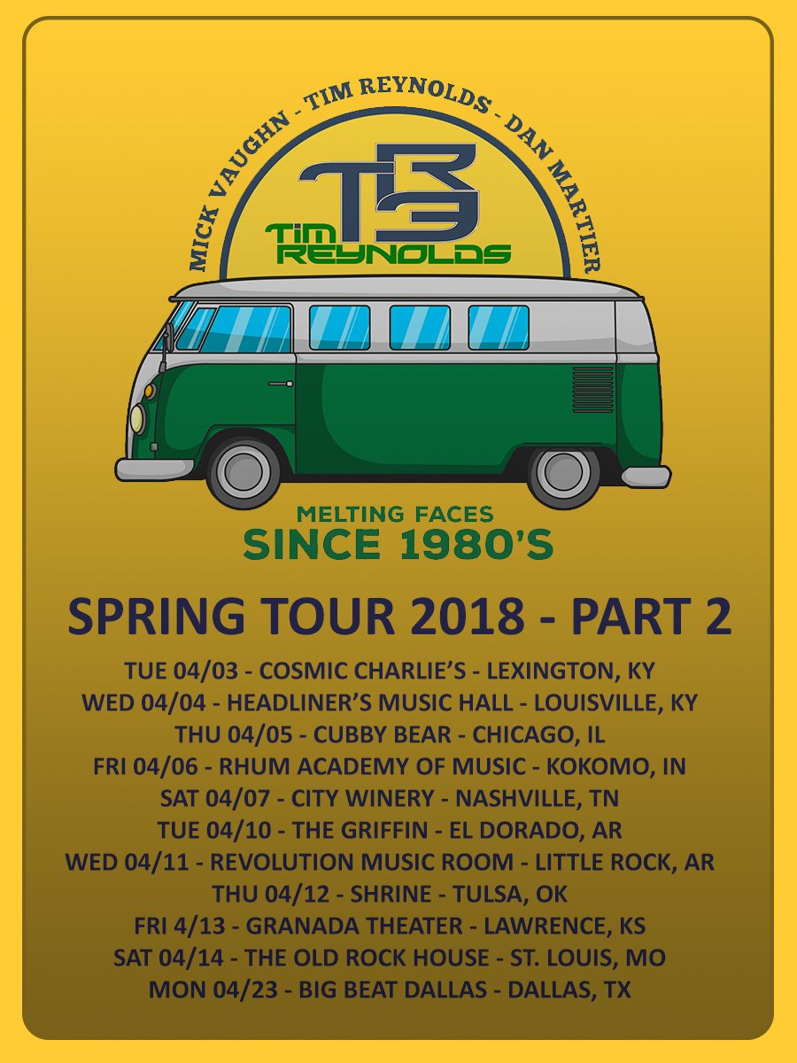 TimReynoldsTR3's tweet photo. #TR3 #SpringTour2018 continues TUE 4/3 @CosmicCharlies WED 4/4 @HeadlinersMusic THUR 4/5 @CubbyBear FRI 4/6 @RhumMusic SAT 4/7 @CityWineryNSH TUE 4/10 @Eldo_MAD WED 4/11 @RevRoomLR THUR 4/12 @TulsaShrine FRI 4/13 @TheGranada SAT 4/14 @OldRockHouseSTL MON 4/23 @BigBeatDallas Peace https://t.co/NtE9lrgIoE