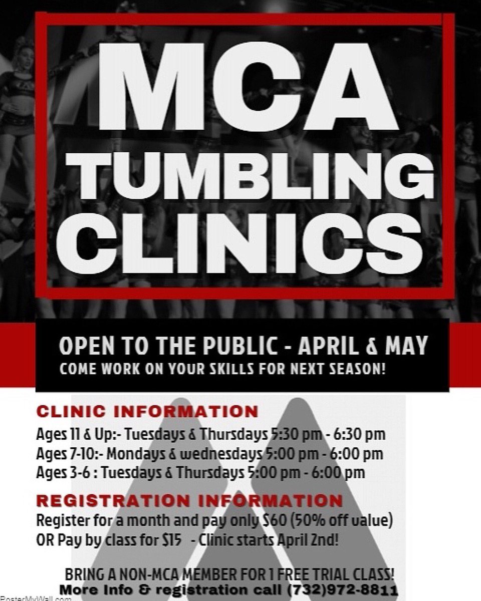 MonmouthCheer's tweet photo. Get ready for next season with our open tumbling clinics! ❤️🖤💙 https://t.co/Hnye5maa1d