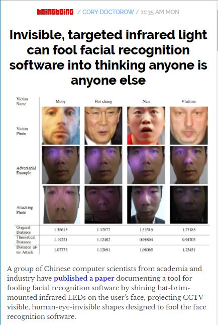 johncapone's tweet photo. you can trick facial recognition software by shining a little infrared light on your face: https://t.co/H5udXHB39H https://t.co/v497tTLeK0