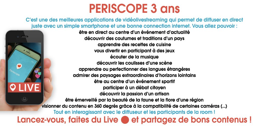 BernardPetersBE's tweet photo. 🎉🎊🎇 Joyeux anniversaire #Periscope 3⃣ ans 🎂
Lancez-vous, faites du LIVE 🔴et partagez de bons contenus!
Happy Birthday @periscopeCo @periscopetv
#videolivestreaming #Reseauxsociaux https://t.co/tRxJs13IXt