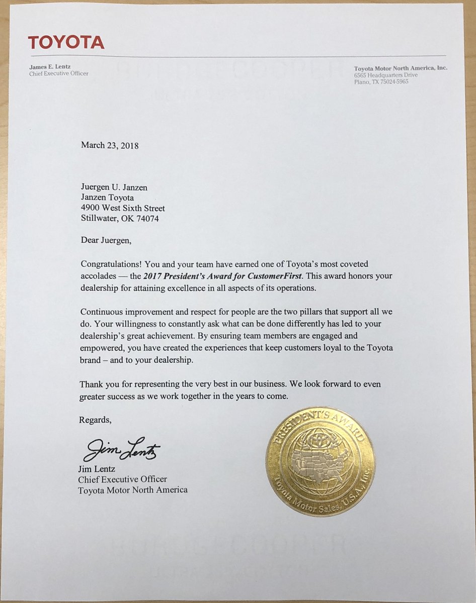 janzentoyota's tweet photo. We are honored to say that we have been awarded our 19th President’s Award. One of Toyota’s most coveted and prestigious awards. Thank you to all of our amazing customers! We couldn’t do it without you! #Toyota #Zthedifference https://t.co/5PWrX7GCui