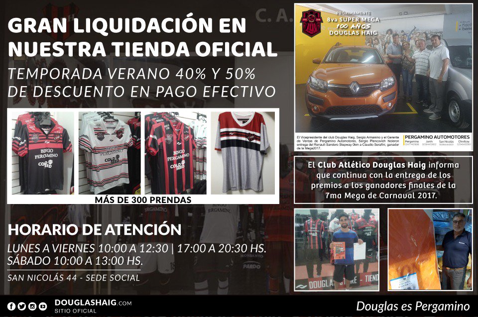clubdouglas's tweet photo. Gran liquidación en nuestra Tienda Oficial, pasá por la Sede Social y aprovechá las mejores promociones y descuentos del 40% y 50% por pago efectivo.

Te esperamos con más de 150 prendas "Temporada de Verano" en liquidación. https://t.co/d0TYIwdFEx