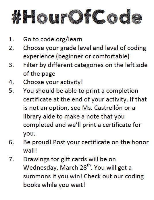 NHSLibrary_'s tweet photo. Hey, folks! Tomorrow at 4pm is the deadline to submit an entry for our #HourOfCode challenge. You have a chance to win a gift card to Starbucks, AMC theaters, or In-N-Out. We still only have 2 entries. Get in on this!
#TeenTechMonth
#VikingsCode https://t.co/7CQptS6RjF