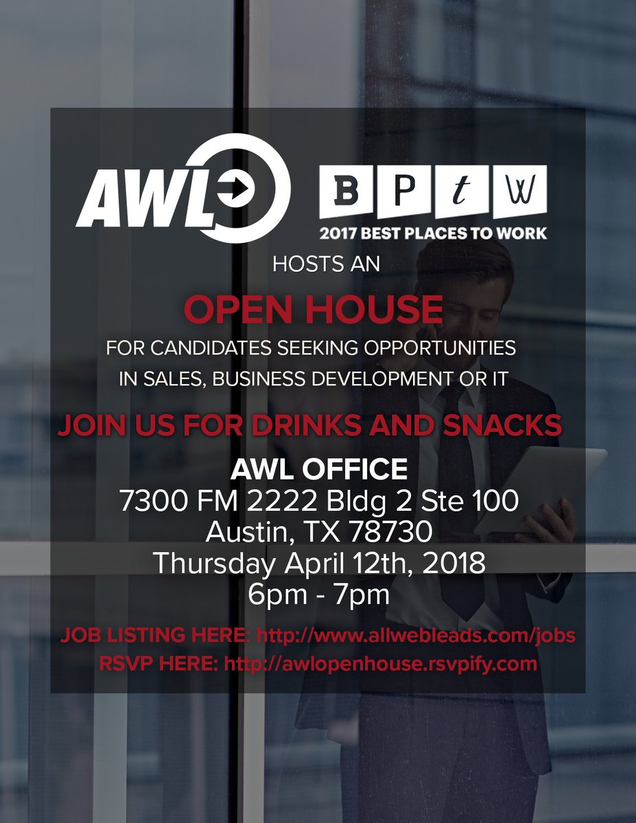 AllWebLeads's tweet photo. Visit https://t.co/4aBcKnRvuC
for full list of opportunities !
RSVP Here: https://t.co/FYC9Mv1z2N #JobSeekers #Jobs #SalesJobs #Sales #Austin #jobhunt #jobhunting https://t.co/ThPzUqa3tf