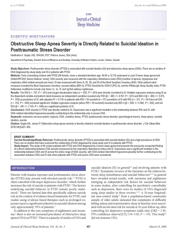 JCSMJournal's tweet photo. Study finds obstructive #sleepapnea severity in #PTSD was directly related to #suicidal ideation https://t.co/jg2Avd3EKv #suicide https://t.co/oHP8Qhh585