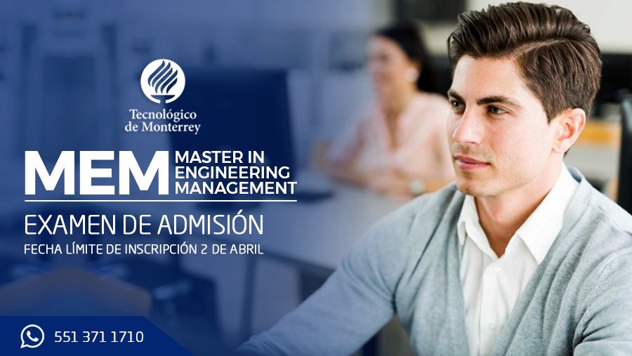 Diseñado para Ingenieros que requieren identificar problemas y generar soluciones. Tecnológico de Monterrey ofrece la Maestría en Gestión de la Ingeniería. La fecha límite de inscripción para presentar examen de admisión es el 2 de Abril. 

Inf.  gda.itesm.mx/posgrados/mast…