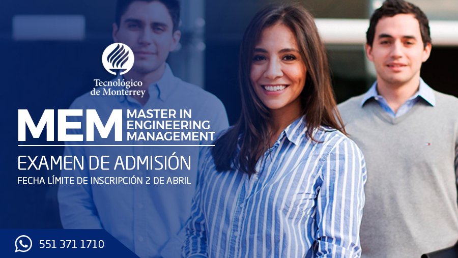 Conviértete en un profesional competitivo a nivel internacional con la Maestría en Gestión de la Ingeniería del Tecnológico de Monterrey. Ofrecemos Veranos Internacionales en la Universidad Stevens de New Jersey y  Universidad de Llull en Barcelona.

Inf.  gda.itesm.mx/posgrados/mast…