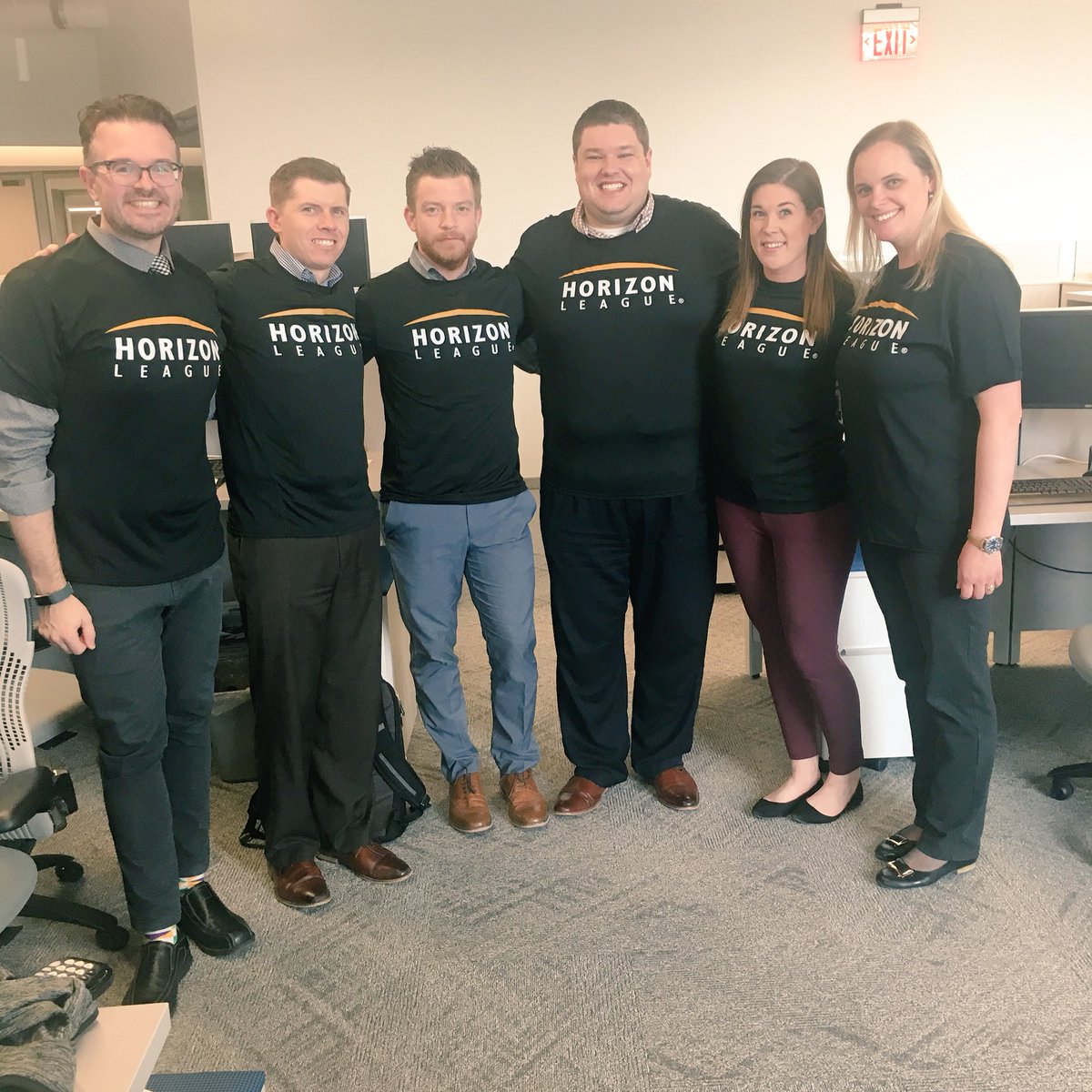e_freiny's tweet photo. Casual, yet classy Monday around the office courtesy of our friends @HorizonLeague. Thanks for the gear friends! #MotorCityMadness @Kara_Looker @mboyce17 @lizspatriots #twitterlessTony https://t.co/MWhBh7xJhB