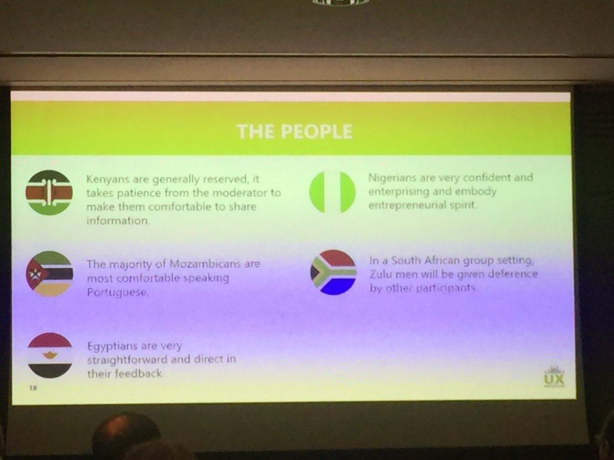 SutherlandLabs's tweet photo. Underlining the importance of local knowledge, at the @UXalliance ) #uxmasterclass2018 @LiezelStegmann of @MantarayUX expertly demonstrated impressive knowledge, insights and a few things to consider when researching African audiences. https://t.co/FxhtCosdLv