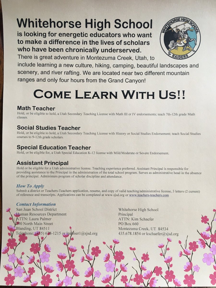 MillerEnglish7's tweet photo. Can't get enough of Southern Utah? Consider relocating there! Here are a few incredible opportunities to join a smart team working with scholars in a tight-knit community led by one of Utah's savviest principals. 20 minutes from Bluff in the Navajo Nation. https://t.co/D6G0rRFN8P