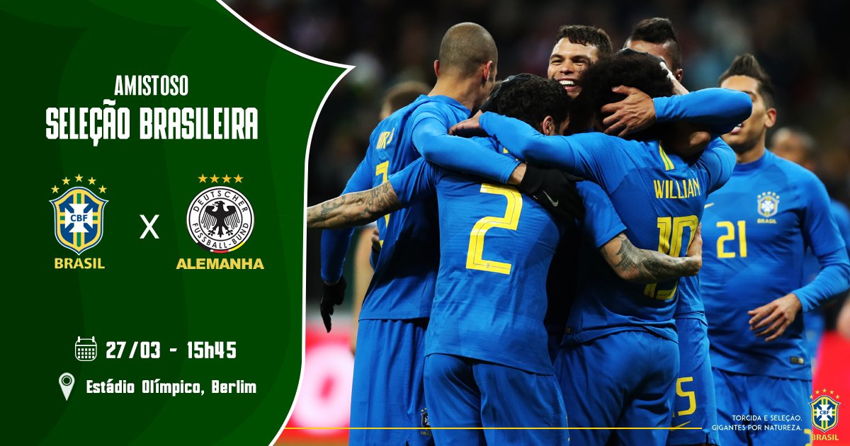 CBF_Futebol's tweet photo. Amanhã é dia de 🇧🇷❌🇩🇪! Anota na agenda e prepare sua torcida:

🗓 - 27/03
🕰 - 15h45
📍 - Estádio Olímpico de Berlim

#GigantesPorNatureza #SeleçãoBrasileira #WorldCup https://t.co/07TNEPBLZ7