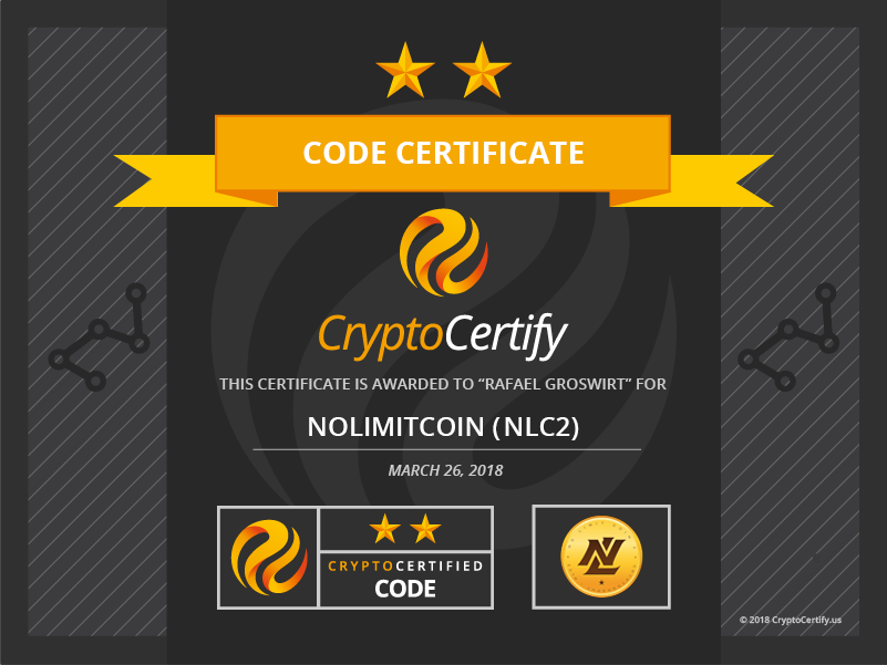 CryptoCertify's tweet image. CryptoCertify Code Certificate is awarded to NoLimitCoin (NLC2) @NoLimitCoin bit.ly/2GcO7Rd