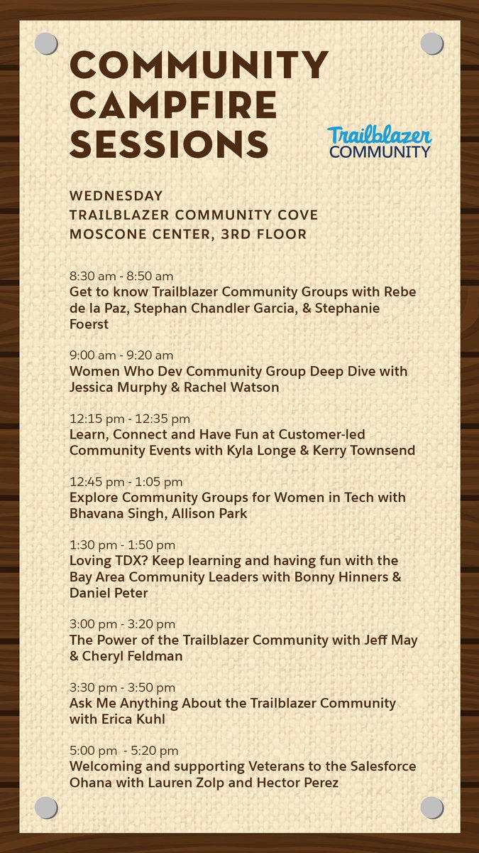 SofMata's tweet photo. Join us in the Trailblazer Community Cove for our Campfire Sessions ๐ฅ. We have an amazing lineup ready to show you the magic of the Trailblazer Community - whether you're just starting out or consider yourself a pro.
#TDX18 #TrailblazerCommunity #SalesforceOhana https://t.co/quLEz7bUV7