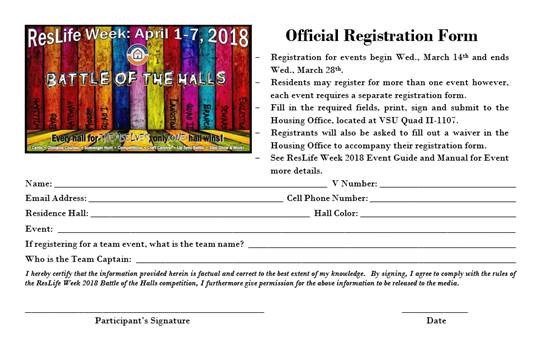 ResLife1882's tweet photo. HAVE YOU REGISTERED YET? What's your status?
ResLife Week 2018: Battle of the Halls
#KnowYourStatus
#VSUResLifeWeek
#RLHBattleOfTheHalls
#RepYourHall https://t.co/XLzKZWL4dX