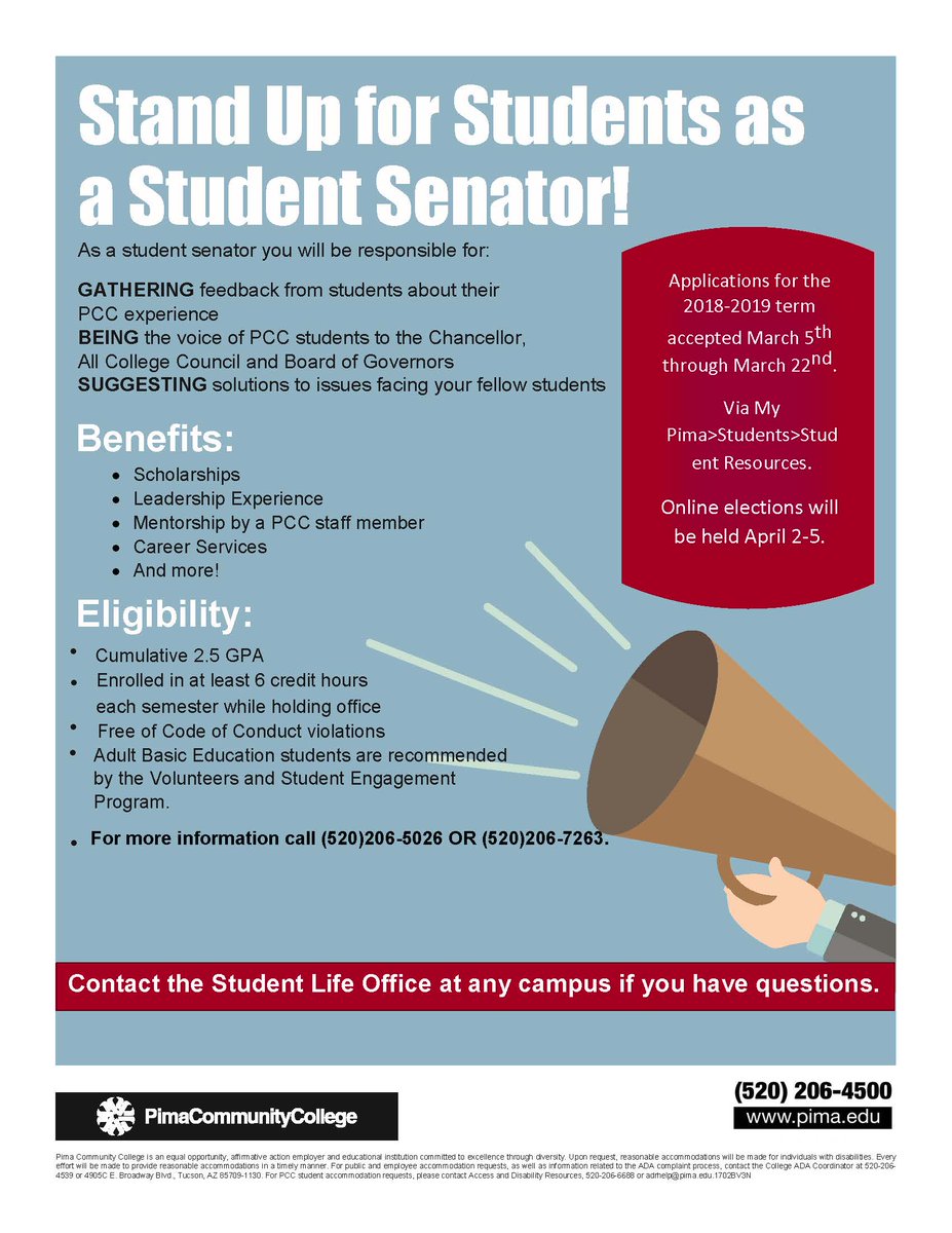 StudentLifeEast's tweet photo. Pima Students!  Make an impact on your campus and community!  Apply to be a 2018-2019 Student Senator!  Deadline extended to March 29 apply via My Pima> Students>Student Resources>Student Governance Election https://t.co/klPo1qHYQ1