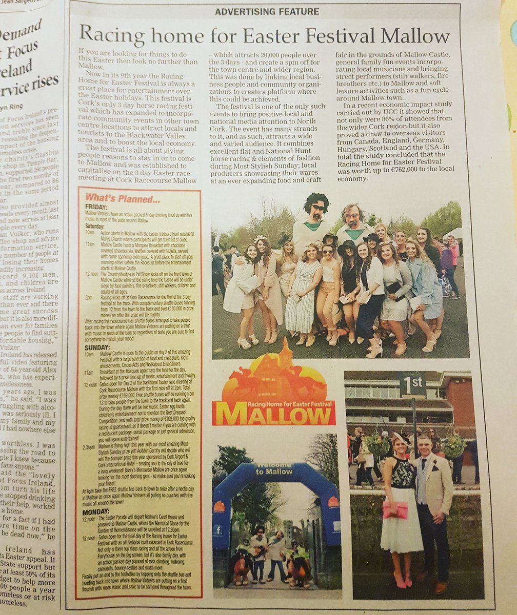 Great advertisement on today's <a href="/irishexaminer/">Irish Examiner</a> on the line up for this year's <a href="/MallowFestival/">RacingHomeforEaster</a> ...Looking forward to a fun packed weekend...🐰🐰👍👍🇨🇮🇨🇮🐎🐎 <a href="/Corkcoco/">Cork County Council</a> <a href="/corkracecourse/">Cork Racecourse</a> <a href="/MallowDevtPship/">Mallow Dev't P'ship</a> <a href="/MallowTidyTowns/">Mallow Tidy Towns</a> <a href="/MallowArtsFest/">Mallow Arts Festival</a> <a href="/MallowChamber/">Mallow Chamber</a>