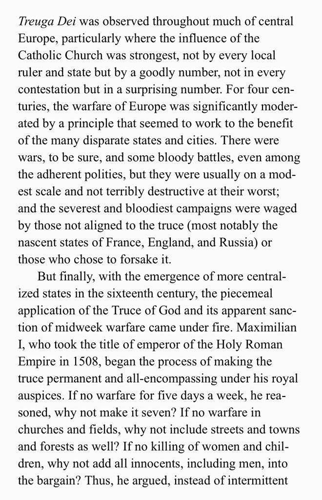 On medieval war, peace. Then came the reformation.“Leopold Kohr tells the story of the Treuga Dei, the Truce of God, which was first propounded in AD 1041 and in successive decades slowly became the dominant code in European warfare.” — Human Scale Revisited, Kirkpatrick Sale