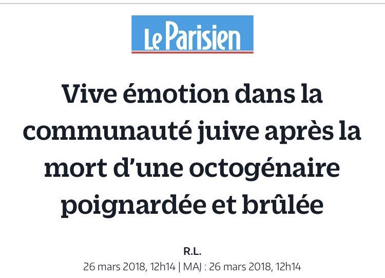 AnaeleMd's tweet photo. Ce titre est une honte!!! Quand une femme de 85ans, rescapée de la Shoah est sauvagement assassinée parce que juive en 2018, c’est la RÉPUBLIQUE entière qui est émue, pas seulement une communauté 😡#MireilleKnoll #titredemerde #leparisien 😔Puissiez vous reposer en paix Madame... https://t.co/d5Dqbf4qGL