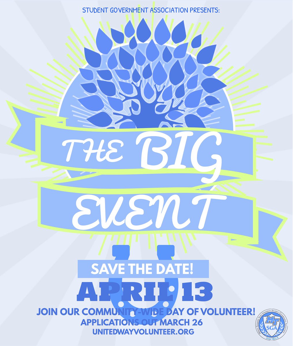 MTSUSGA's tweet photo. SAVE THE DATE: April 13 is the BIG EVENT, Murfreesboro's biggest day of community service! 🌎🌻Applications are OUT &amp; we need your help. Sign up individually or as a team/organization! Just follow the instructions below ⬇️ #BigEvent2K18 https://t.co/aOTsm60Qfv