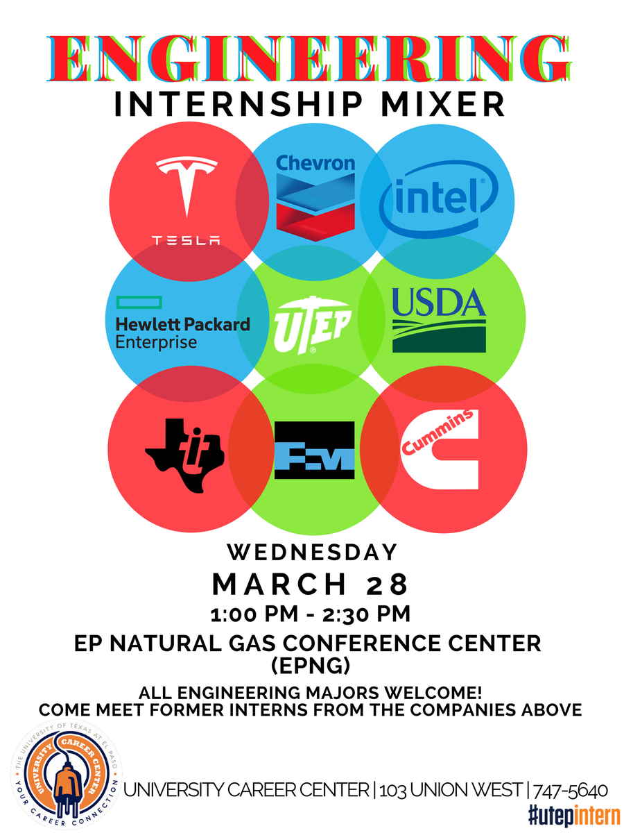 utepstemgrow's tweet photo. Students! There will be an Engineering Intern Mixer this Wednesday at UTEP. Take advantage of this opportunity to network with other #UTEP students who have interned somewhere. ⛏️

WHEN: Wednesday, March 28, 2018
TIME: 1:00 – 2:30 PM
WHERE: El Paso Natural Gas Conference Center https://t.co/RAAJUj1P0A