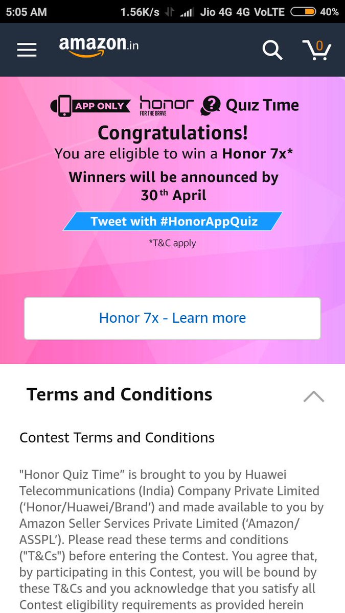 #Amazon ,Ans all question ,I hope this time my luck with me.  Becoz Never Give Up#HonorAppQuiz