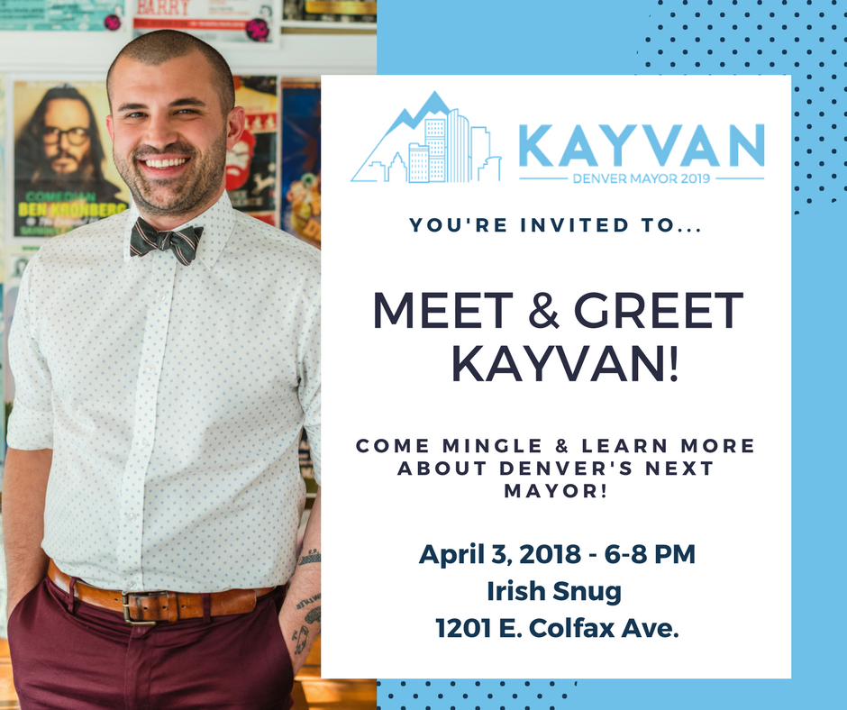 kayvanfordenver's tweet photo. I hope you'll come out & meet me next Tuesday at the @Colfaxsnug! Learn more about the campaign & why I'm running to be #Mayor of #Denver. RSVP --> https://t.co/H3xqNzM6db β¦ #copolitics #peoplebeforeprofit #kayvanfordenver https://t.co/qhEFQgUKwc
