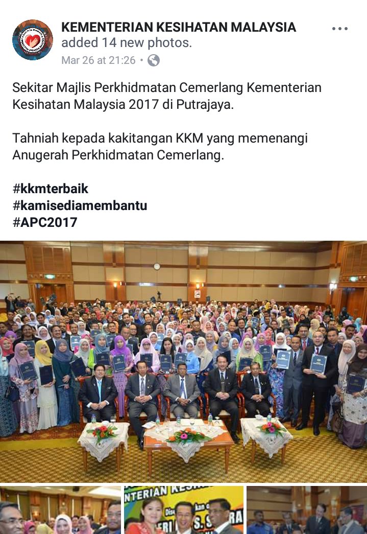 KKMPutrajaya's tweet photo. Sekitar Majlis Perkhidmatan Cemerlang Kementerian Kesihatan Malaysia 2017 di Putrajaya.

Tahniah kepada kakitangan KKM yang memenangi Anugerah Perkhidmatan Cemerlang. 

https://t.co/LMoG2TX8pz

#kkmterbaik
#kamisediamembantu
#APC2017 https://t.co/SLdwdpSSQx