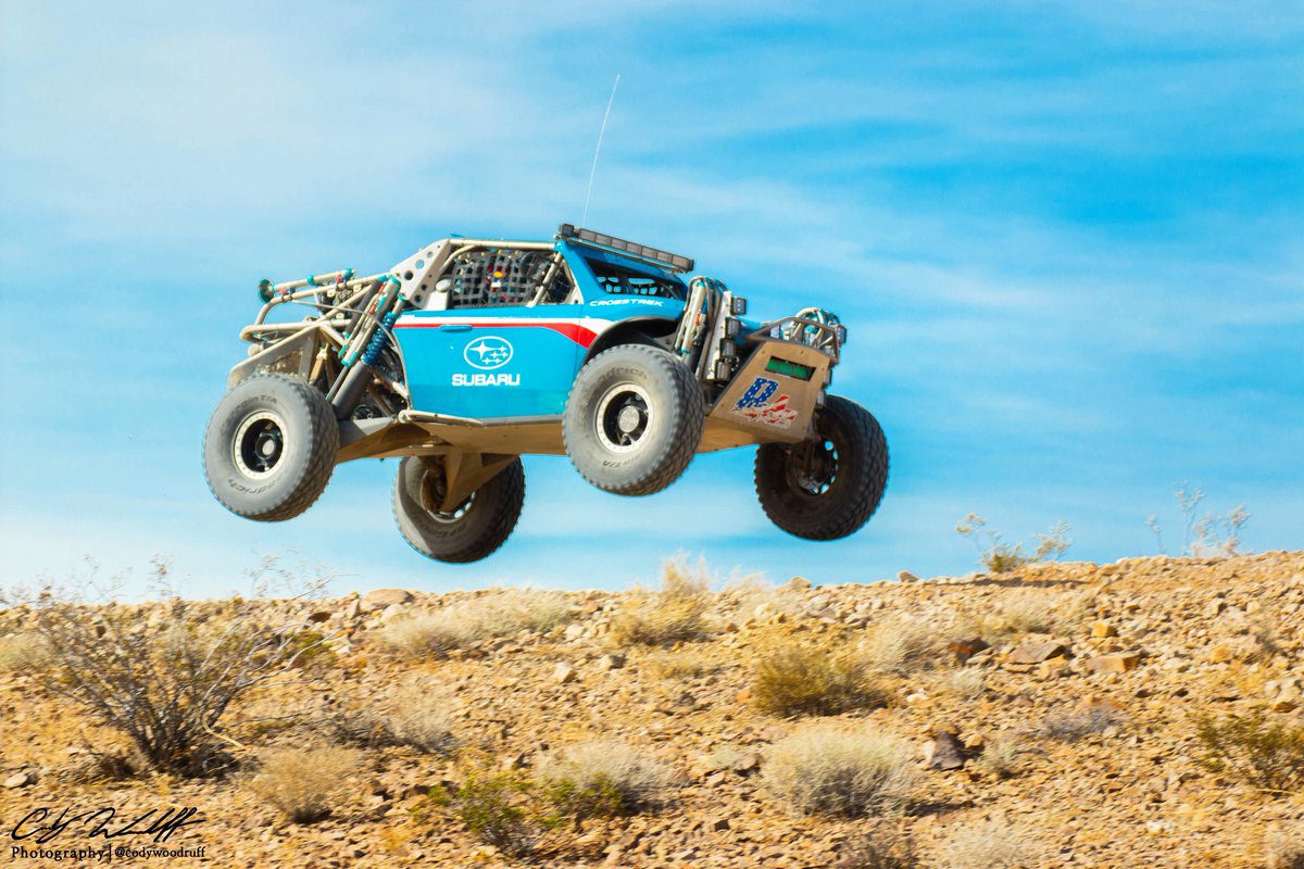 GrabowskiRacing's tweet photo. She may be heavy, but she sure can fly! Sponsors: @CrawfordMotors @subaru_usa @BFGoodrichTires @kingshocks @MotulUSA @TerribleHerbst @HerbstSmithFab @RallySportTweet @jepistons @JetHot #gglighting #mckenzies_performance #proamracing #crosstrekdesertracer #suburro https://t.co/wtP1hJWmFw