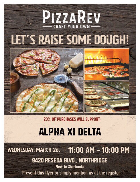 Come out and eat pizza with the Xi’s this wednesday, for a great cause and a happy tummy🍕♥️.  Just show this flyer or mention Alpha Xi Delta at the register!