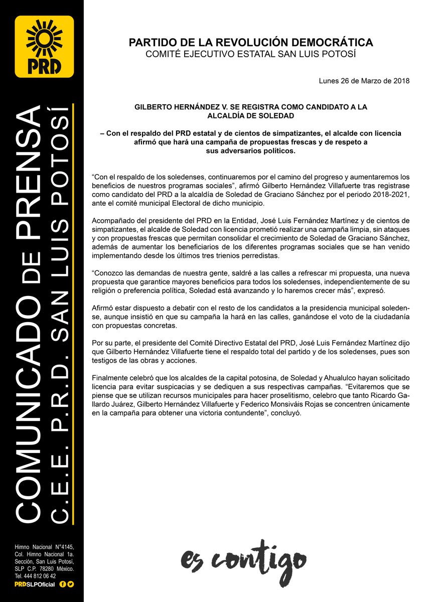 Comunicado de Prensa | 26 de Marzo de 2018 | GILBERTO HERNÁNDEZ V. SE REGISTRA COMO CANDIDATO A LA ALCALDÍA DE SOLEDAD

Leer más: goo.gl/FZ5D9y

#PRD #SLP #PensemosEnGrande