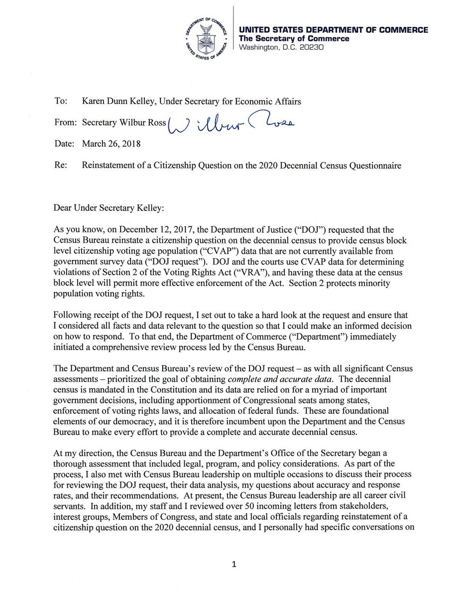 mcpli's tweet image. BREAKING: Commerce Secretary Wilbur Ross sends letter stating that citizenship question will be reinstated on the 2020 Census.