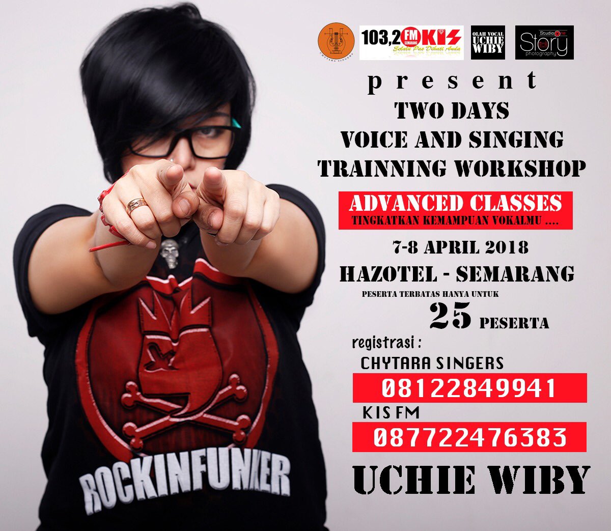 uchiewiby's tweet photo. PINGIN BISA MENINGKATKAN POWER SUARA KAMU ? PINGIN BISA TRIK BERNYANYI DI NADA TINGGI DAN RENDAH  NYAMAN ? TWO DAYS VOICE AND SINGING TRAINING WORKSHOP with UCHIE WIBY 7-8 April 2018 , Hazotel Semarang .Follow ig @uchiewiby .Untuk Info Workshop, bisa hub Om Ferry 087878084180 https://t.co/lU2JRybaNb