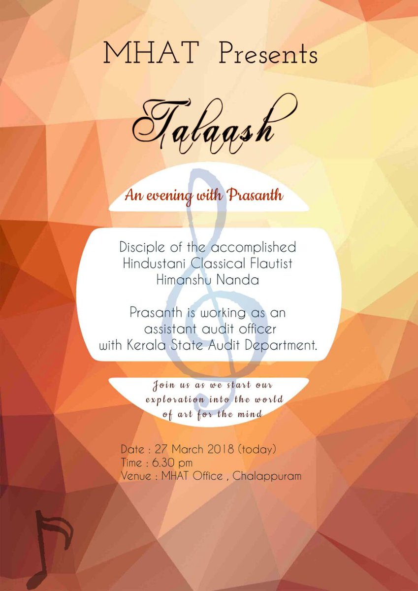 MHAT presenys Talaash, our exploration into the world of art &amp; music starting today 27th March and every second Tuesday. Starts at 6.30pm at our new Chalappuram office #MentalHealthMatters #mhat #calicut #kozhikode #mentalhealth