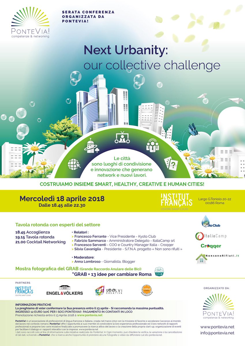 PonteViaNetwork's tweet photo. SAVE THE DATE : la città di domani si crea oggi!!! "Next urbanity : our collective challenge" serata conferenza by Pontevia con mostra e networking il 18 aprile Iscrivitevi!! https://t.co/9tZBAKLN0F #smartcities #healthy #creative #human #pontevia #Roma https://t.co/tgGJbeYomr