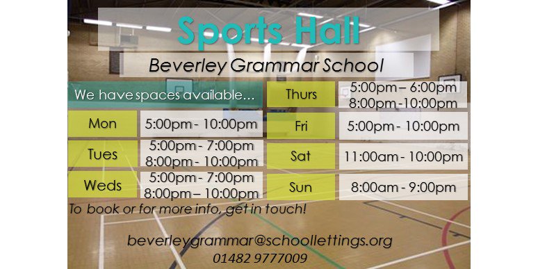 Check out our availability for the Sports Hall at Beverley Grammar!! #play #sports #fitness#SLS
beverleygrammar.schoolbookings.org
