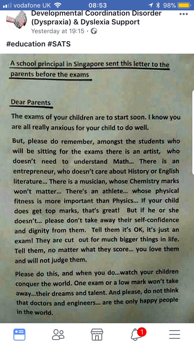 I saw this on Facebook this morning. Important message for those with #SATS looming. I see the worry in some of the children’s face, and yes to some extent they are important, but you can still succeed in other aspects no matter what your SATS show #education