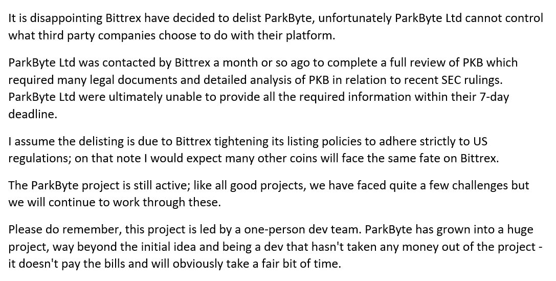 ParkByte_PKB's tweet photo. #ParkByte $PKB will be delisted from @BittrexExchange on 6th April 2018 - our time on there has been a privilege π https://t.co/u94m8MkBM9