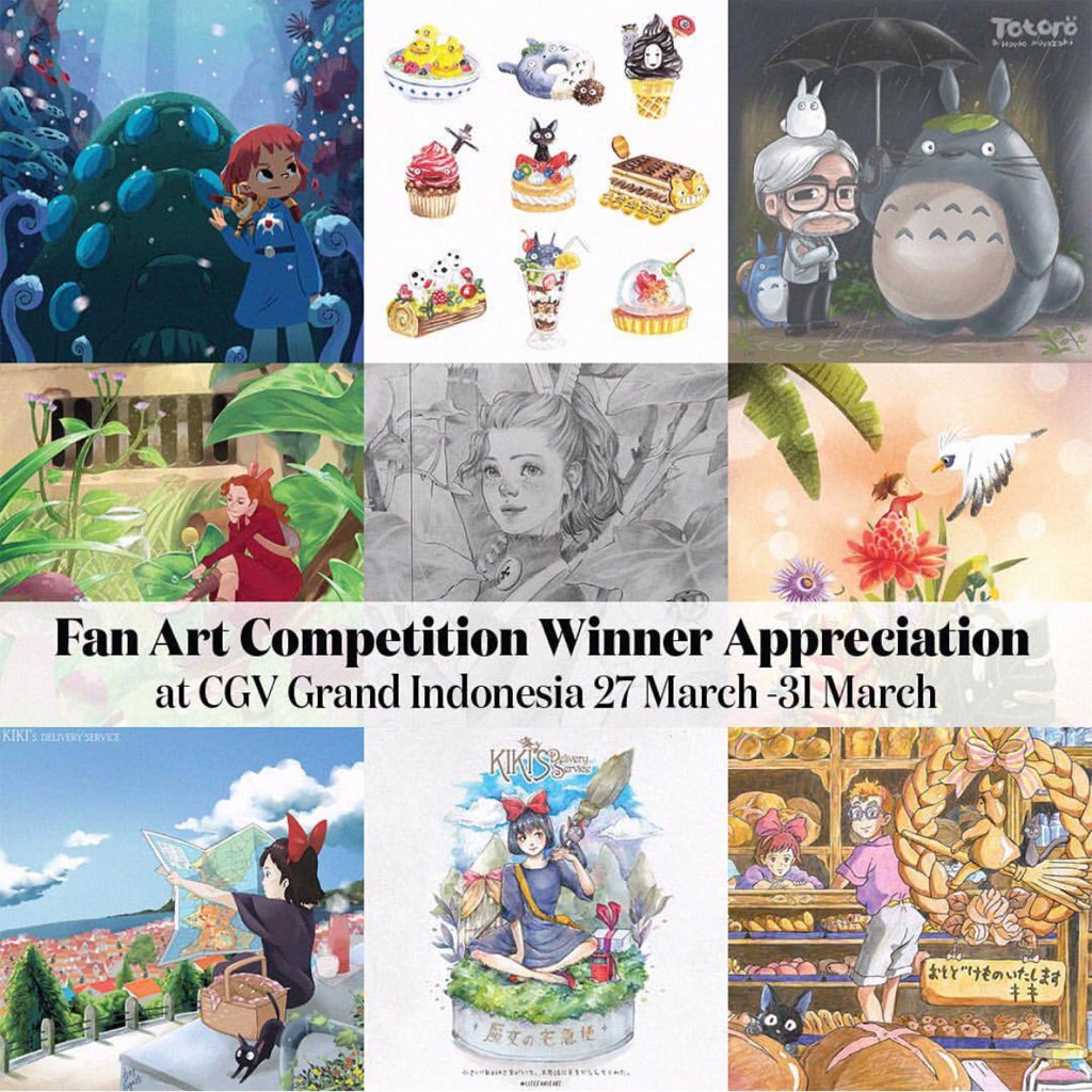 Sebagai bentuk apresiasi, hasil karya para pemenang fan art competition akan dihadirkan di CGV Grand Indonesia mulai tanggal 27-31 Maret 2018. 

Yuk merapat untuk melihat secara langsung hasil karya para pemenang! #nontonghibli