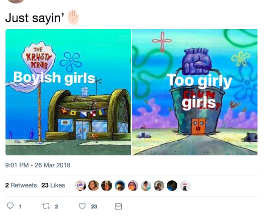 It's actually sad to still see people believe in these false representations. Masculinity and femininity are just expressions. Girls can be both masculine & feminine both so don't undervalue femininity bc theres nothing wrong with being 'girly.' #LetGirlsBeGirls :)